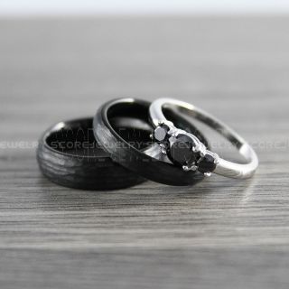 3 Piece Couple Set Wedding Rings, Black Wedding Bands, Black Hammered Tungsten Bands, Black Wedding Rings, Black Tungsten Wedding Rings