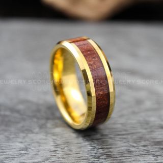 Wood Ring, Wood Wedding Ring, Wood Wedding Band, 14K Yellow Gold Tungsten Ring, Wood Jewelry