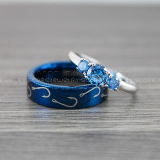 2 Piece Couple Set Wedding Rings, Blue Wedding Bands, Blue Tungsten Bands, Blue Wedding Rings, Blue Tungsten Wedding Rings