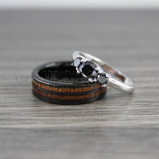 Koa Wood Ring, Koa Wood Wedding Band, 2 Piece Couple Set Wedding Rings, Black Wedding Bands, Black Tungsten Bands, Black Wedding Rings, Black Tungsten Wedding Rings