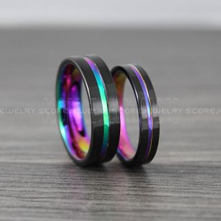 2 Piece Couple Set Black Tungsten Rings Rainbow Groove, Rainbow Rings, Rainbow Wedding Bands, Rainbow Wedding Rings