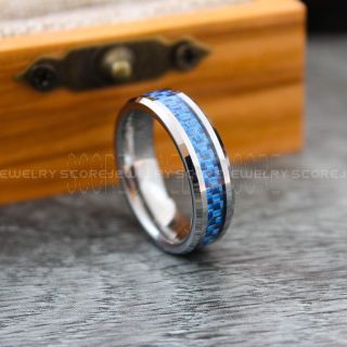 Silver Wedding Ring, 6mm Silver Wedding Band, Silver Ring with Blue Carbon Fiber Inlay, Silver Wedding Band