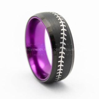 Baseball Ring, Purple Tungsten Ring, Purple Ring, Black Wedding Band, Black Wedding Ring, Baseball Stitch Ring, Purple Wedding Band