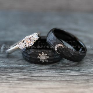 Sun and Moon Rings, Couple Rings, Sun and Moon Wedding Rings, Black Wedding Bands, Couple Jewelry