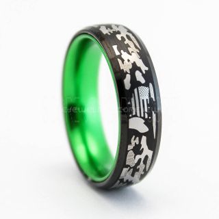 American Flag Ring, Camo Ring, Camouflage Ring, Green Tungsten Ring, Green Ring, Black Wedding Band, Black Wedding Ring, Military Ring, Army Ring, Green Wedding Band