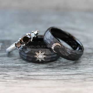 Sun and Moon Rings, Couple Rings, Sun and Moon Wedding Rings, Black Wedding Bands, Couple Jewelry