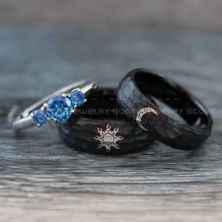 Sun and Moon Rings, Couple Rings, Sun and Moon Wedding Rings, Black Wedding Bands, Couple Jewelry