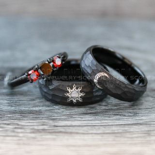 Sun and Moon Rings, Couple Rings, Sun and Moon Wedding Rings, Black Wedding Bands, Couple Jewelry