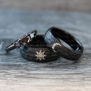 Sun and Moon Rings, Couple Rings, Sun and Moon Wedding Rings, Black Wedding Bands, Couple Jewelry