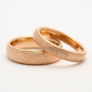 2 Piece Couple Set Wedding Rings, Rose Gold Wedding Bands, Rose Gold Hammered Tungsten Bands, Rose Gold Wedding Rings, Rose Gold Tungsten Wedding Rings