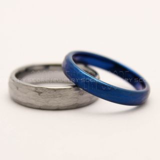 2 Piece Couple Set Wedding Rings, Blue Wedding Bands, Blue Hammered Tungsten Bands, Blue Wedding Rings, Blue Tungsten Wedding Rings