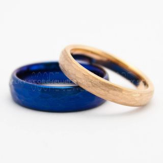 2 Piece Couple Set Wedding Rings, Rose Gold Wedding Bands, Blue Hammered Tungsten Bands, Rose Gold Wedding Rings, Blue Tungsten Wedding Rings