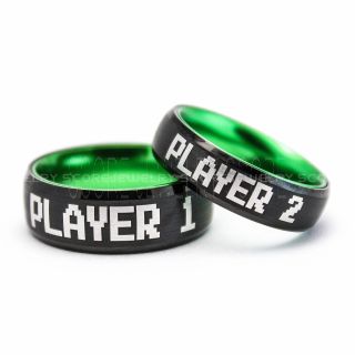 Player 1 Player 2 Rings, Gamer Rings, Green Tungsten Rings, Black Wedding Bands, Couple Ring Set Gamer Rings