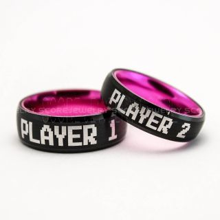  Player 1 Player 2 Rings, Gamer Rings, Pink Tungsten Rings, Black Wedding Bands, Couple Ring Set Gamer Rings