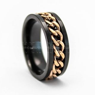 Black Stainless Steel Ring, Spinner Ring with 14K Rose Gold Plated Steel Chain Link Inlay, Black Wedding Band, Black Spinner Ring