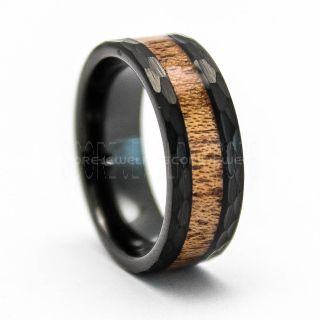 Hammered Tungsten Ring, Koa Wood Ring, Black Tungsten Wedding Band, Hammered Wedding Band, Black Hammered Wedding Ring