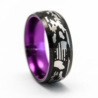 American Flag Ring, Camo Ring, Camouflage Ring, Purple Tungsten Ring, Purple Ring, Black Wedding Band, Black Wedding Ring, Military Ring, Army Ring, Purple Wedding Band