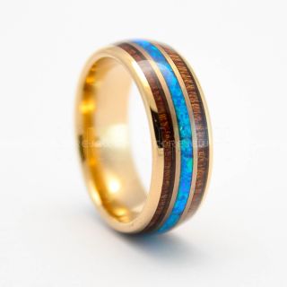 Opal Ring, Koa Wood Ring, 14K Rose Gold Tungsten Band with Opal Inlay, Opal Wedding Band, Opal Wedding Ring, Rose Gold Tungsten Ring