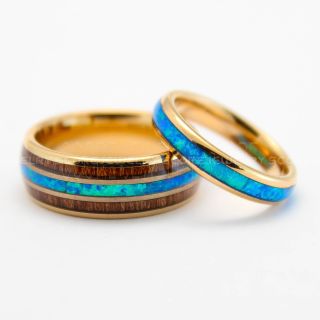 2 Piece Couple Set Opal Rings, Koa Wood Rings, 14K Rose Gold Tungsten Bands with Opal Inlay, Opal Wedding Bands, Opal Wedding Rings, Rose Gold Tungsten Rings