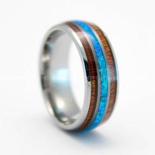 Opal Ring, Koa Wood Ring, Silver Tungsten Band with Opal Inlay, Opal Wedding Band, Opal Wedding Ring, Silver Tungsten Ring
