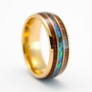 Abalone Shell Ring, Koa Wood Ring, 14K Rose Gold Tungsten Band with Abalone Shell Inlay, Abalone Shell Wedding Band, Abalone Shell Wedding Ring, Rose Gold Tungsten Ring