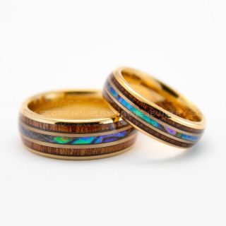 2 Piece Couple Set Abalone Shell Rings, Koa Wood Rings, 14K Rose Gold Tungsten Bands with Abalone Shell Inlay, Abalone Shell Wedding Bands, Abalone Shell Wedding Rings, Rose Gold Tungsten Rings