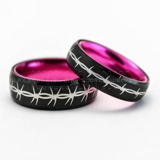 Pink Tungsten Ring, Pink Ring, Black Wedding Band, Black Wedding Ring, Barb Wire Ring, Pink Wedding Band, Couple Ring Set