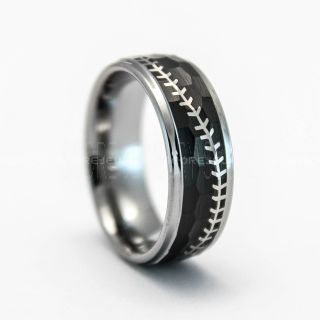 Baseball Ring, Baseball Stitch Pattern Wedding Band, Hammered Tungsten Ring, Hammered Wedding Band, 8mm Black Hammered Wedding Ring
