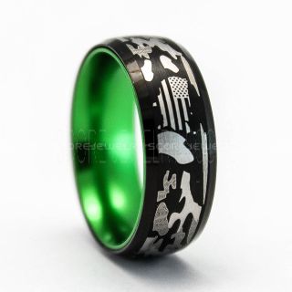 American Flag Ring, Camo Ring, Camouflage Ring, Green Tungsten Ring, Green Ring, Black Wedding Band, Black Wedding Ring, Military Ring, Army Ring, Green Wedding Band