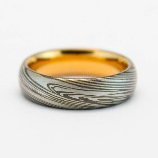 Damascus Steel Ring, Gunmetal Ring, Rose Gold Tungsten Band Damascus Steel Pattern Laser Engraved Tungsten Wedding Ring