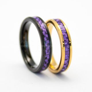 2 Piece Couple Set Black Tungsten Rings, Rose Gold Tungsten Rings, Black Wedding Bands, Black Tungsten Rings with Purple Carbon Fiber Inlay