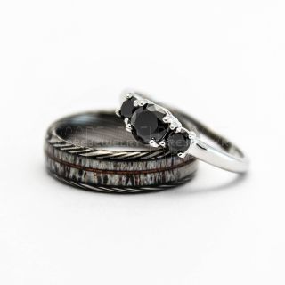 2 Piece Couple Set Wedding Rings, Antler Ring, Koa Wood Wedding Band, Black Wedding Bands, Black Tungsten Bands, Black Tungsten Wedding Rings, Obsidian Ring