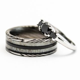 2 Piece Couple Set Wedding Rings, Antler Ring, Antler Wedding Band, Black Wedding Bands, Black Tungsten Bands, Black Tungsten Wedding Rings, Obsidian Ring