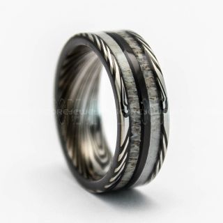Deer Antler Wedding Band, Antler Ring, Antler Wedding Ring, Black Tungsten Band, Genuine Deer Antler Inlay Damascus Steel pattern Laser Engraved 