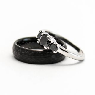 2 Piece Couple Set Wedding Rings, Black Wedding Bands, Black Hammered Tungsten Bands, Black Wedding Rings, Black Tungsten Wedding Rings