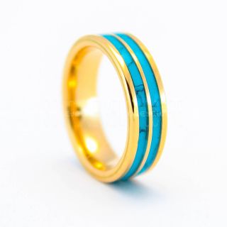 Turquoise Ring, Turquoise Wedding Band, 6mm 14K Yellow Gold Tungsten Band, Turquoise, Turquoise Tungsten Wedding Ring