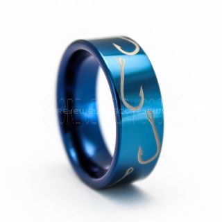 Fishing Ring, Fish Hook Ring, Blue Tungsten Ring, Blue Wedding Band, Hunting Ring, Fish Hooks Wedding band