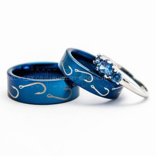 3 Piece Couple Set Wedding Rings, Blue Wedding Bands, Blue Tungsten Bands, Blue Wedding Rings, Blue Tungsten Wedding Rings