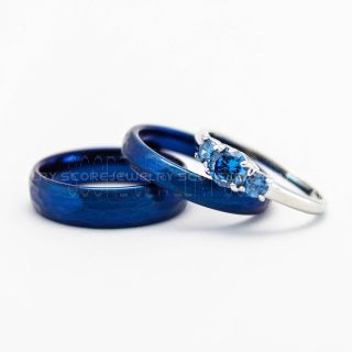 3 Piece Couple Set Wedding Rings, Blue Wedding Bands, Blue Hammered Tungsten Bands, Blue Wedding Rings, Blue Tungsten Wedding Rings