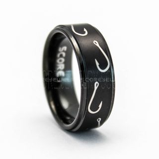 Fishing Ring, Fish Hook Ring, Black Tungsten Ring, Black Wedding Band, Hunting Ring, Fish Hooks Wedding Band