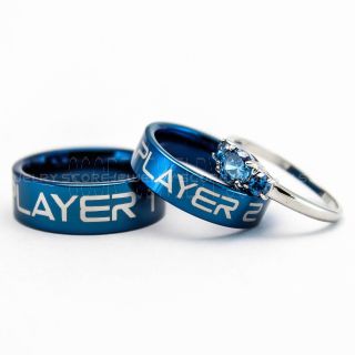 3 Piece Couple Set Wedding Rings, Gamer Rings, Player 1 Player 2 Rings, Blue Wedding Bands, Blue Tungsten Bands, Blue Wedding Rings, Blue Tungsten Wedding Rings