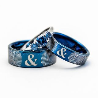 3 Piece Couple Set Custom Fingerprint Rings, Fingerprint Wedding Rings, Fingerprint Wedding Bands, Blue Wedding Bands, Blue Wedding Rings, Blue Tungsten Rings