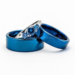 3 Piece Couple Set Blue Tungsten Rings, Blue Wedding Rings, Blue Wedding Bands, Blue Tungsten Bands, Blue Rings, Couple Ring Set, Couple Wedding Ring Set