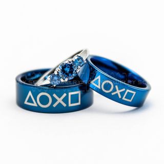 3 Piece Couple Set Wedding Rings, Gamer Rings, Player 1 Player 2 Rings, Blue Wedding Bands, Blue Tungsten Bands, Blue Wedding Rings, Blue Tungsten Wedding Rings
