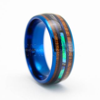 Abalone Shell Ring, Koa Wood Ring, Blue Tungsten Band with Abalone Shell Inlay, Abalone Shell Wedding Band, Abalone Shell Wedding Ring, Blue Tungsten Ring