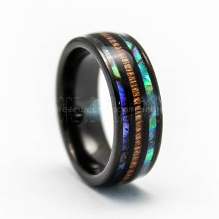 Abalone Shell Ring, Koa Wood Ring, Black Tungsten Band with Abalone Shell Inlay, Abalone Shell Wedding Band, Abalone Shell Wedding Ring, Black Tungsten Ring