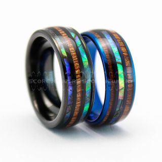2 Piece Couple Set Abalone Shell Rings, Koa Wood Rings, Black Tungsten Band with Abalone Shell Inlay, Abalone Shell Wedding Bands, Abalone Shell Wedding Rings, Blue Tungsten Rings