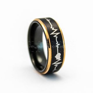 Black Tungsten Rings, Black Tungsten Wedding Band, Heartbeat Ring, Heartbeat Wedding Band, Tungsten Ring, Black Wedding Band with 14K Rose Gold Step Edge