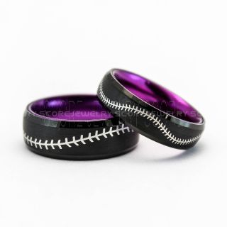 2 Piece Couple Set Baseball Rings, Purple Tungsten Rings, Purple Rings, Black Wedding Bands, Black Wedding Rings, Baseball Stitch Rings, Purple Wedding Bands