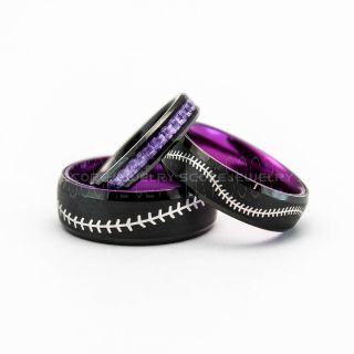 3 Piece Couple Set Baseball Rings, Purple Tungsten Rings, Purple Rings, Black Wedding Bands, Black Wedding Rings, Baseball Stitch Rings, Purple Wedding Bands